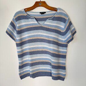 Eddie Bauer Blue Striped Short Sleeve Sweater Grandma Y2K XL